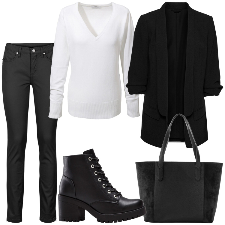 Outfit donna - Total look #1968267. Stile Casual chic per Tutti i giorni. Abbinamento con blazer, jeans skinny, stivaletti, shopping bag, maglieria.