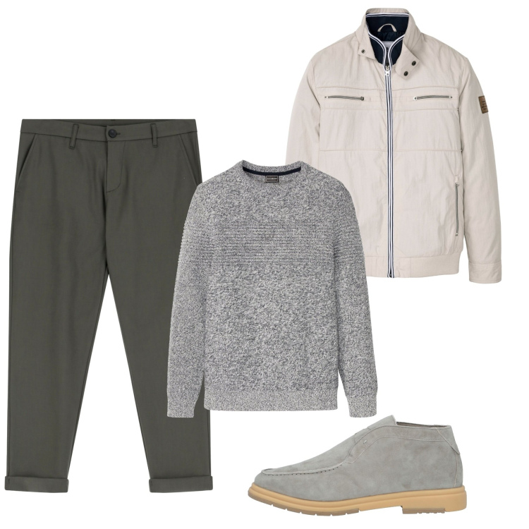 Outfit uomo - Grey. Stile Casual per Tutti i giorni. Abbinamento con giacche, maglieria, stivali e stivaletti, pantaloni.