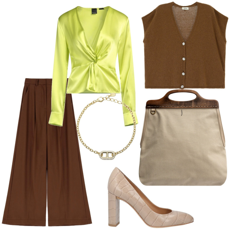 Outfit donna - Pantaloni palazzo. Stile Chic per Ufficio. Abbinamento con décolleté, top, braccialetti, gilet, pantaloni, borse a tracolla.