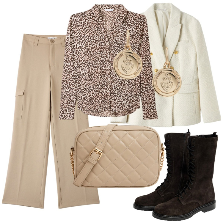 Outfit donna - Toni beige. Stile Mannish per Ufficio. Abbinamento con blazer, camicie, pantaloni cargo, borse a tracolla, orecchini, stivaletti.