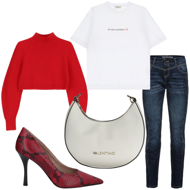 Outfit donna - Decollete pitonate. Stile Casual chic per Ufficio. Abbinamento con jeans boyfriend, décolleté, maglieria, t-shirt, borse a spalla.