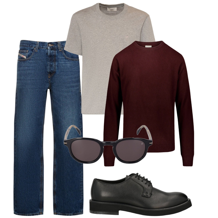 Outfit uomo - Flare. Stile Casual per Tutti i giorni. Abbinamento con scarpe stringate, maglieria, t-shirt, jeans dritti, occhiali da sole.