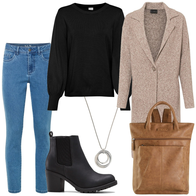 Outfit donna - Total look #1968283. Stile Casual chic per Tutti i giorni. Abbinamento con maglieria, zaini, cappotti, stivaletti, jeans skinny, collane.