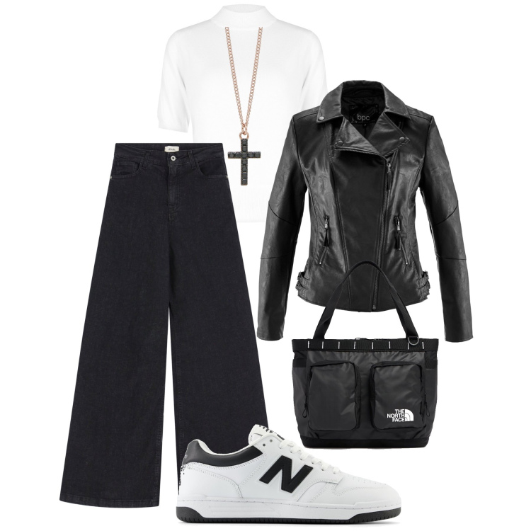 Outfit donna - Basic City. Stile Urban per Tutti i giorni. Abbinamento con blazer, jeans, collane, sneakers, maglieria, borse tote.
