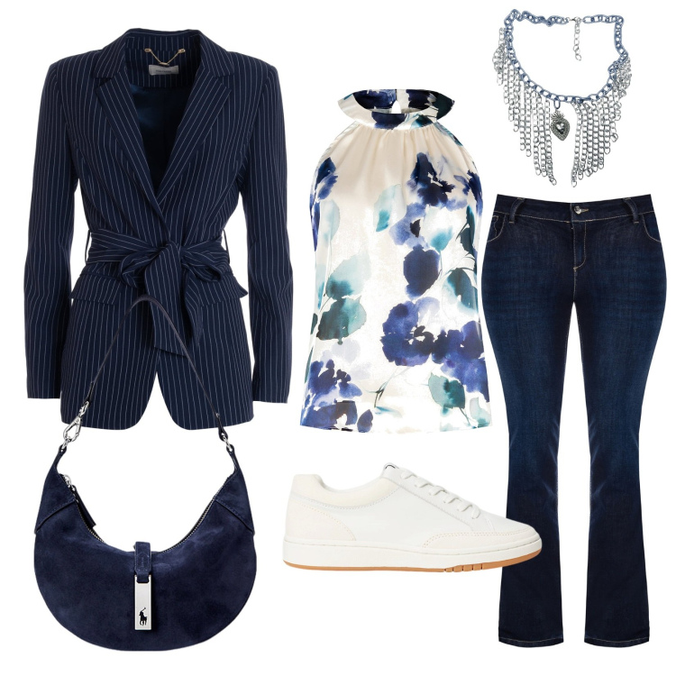 Outfit donna - Fracomina a righe. Stile Casual chic per Tutti i giorni. Abbinamento con jeans a zampa, top, blazer, borse a spalla, sneakers, ciondoli.