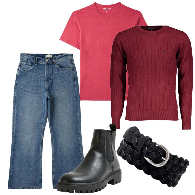 Outfit uomo - Rosso e denim blu. Stile Casual per Tutti i giorni. Abbinamento con t-shirt, jeans bootcut, stivali e stivaletti, maglieria, cinture.