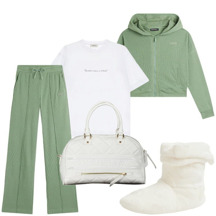 Outfit donna - Giornata in comodità. Stile Casual per Tutti i giorni. Abbinamento con pantofole, t-shirt, pantaloni, felpe con cappuccio, borse a spalla.