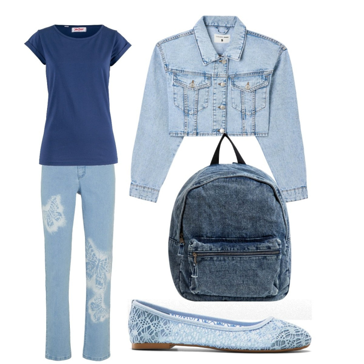 Outfit donna - Total look. Stile Urban per Tutti i giorni. Abbinamento con ballerine, maglieria, jeans dritti, blazer, zaini.