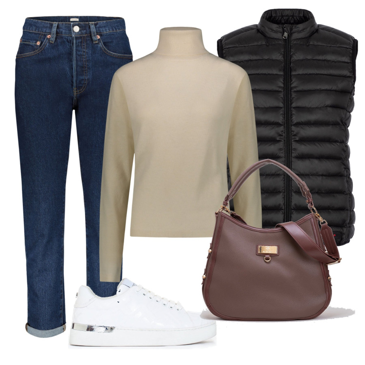 Outfit donna - Casual. Stile Casual per Tutti i giorni. Abbinamento con sneakers, borse a tracolla, piumini, pullovers, jeans.