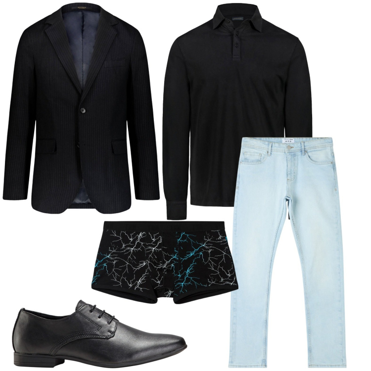 Outfit uomo - New romantic. Stile Urban per Serata speciale. Abbinamento con scarpe stringate, jeans dritti, boxer, giacche, polo.