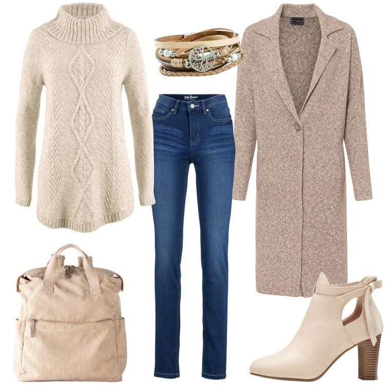 Outfit donna - La magia del beige con Bonprix. Stile Casual per Tutti i giorni. Abbinamento con cappotti, zaini, stivaletti, jeans slim fit, braccialetti, maglieria.