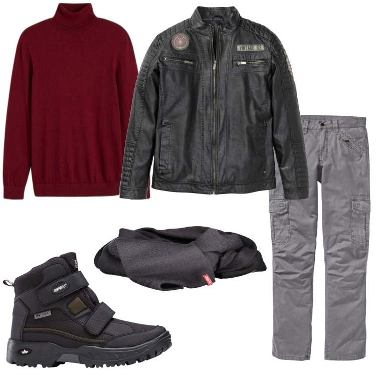 Outfit uomo - Lupetto bordeaux. Stile Trendy per Tutti i giorni. Abbinamento con pantaloni cargo, stivali e stivaletti, giacche, maglieria, sciarpe.