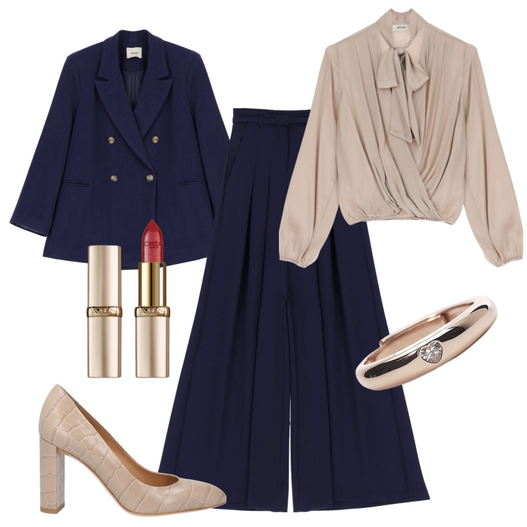Outfit donna - Blu e tortora in ufficio. Stile Bon Ton per Ufficio. Abbinamento con décolleté, rossetti, anelli, pantaloni, camicie, blazer.