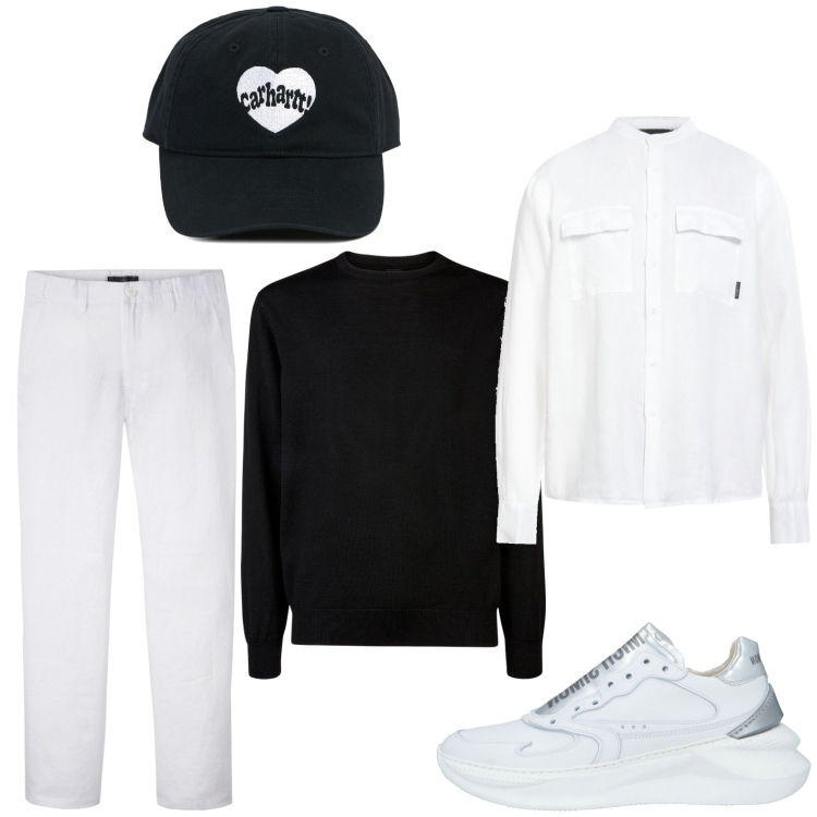 Outfit uomo - Camicia bianca iconica. Stile Trendy per Tutti i giorni. Abbinamento con pantaloni, camicie, sneakers, cappelli, maglieria.
