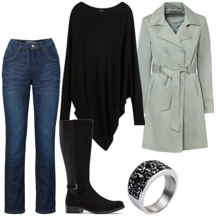 Outfit donna - Total look #1968386. Stile Casual chic per Tutti i giorni. Abbinamento con maglieria, trench, stivali, jeans dritti, anelli.