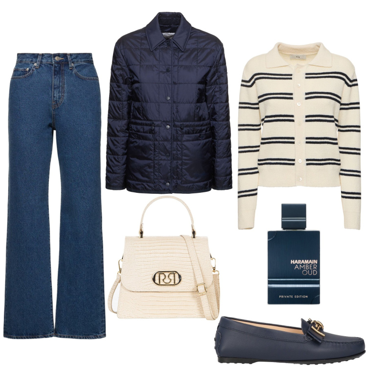 Outfit donna - Pronta per ogni occasione. Stile Casual chic per Tutti i giorni. Abbinamento con mocassini, profumi, borse a mano, giacche, cardigans, jeans dritti.