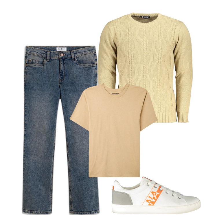 Outfit uomo - Paglierino. Stile Casual per Tutti i giorni. Abbinamento con jeans bootcut, t-shirt, maglieria, sneakers.