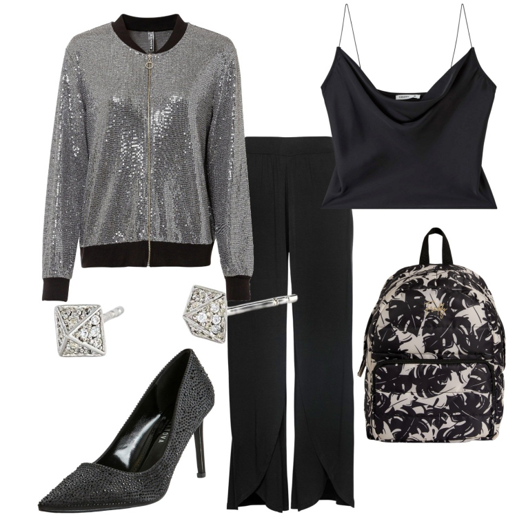 Outfit donna - Total look #1968399. Stile Casual per Tutti i giorni. Abbinamento con pantaloni, bomber, top, décolleté, orecchini, zaini.