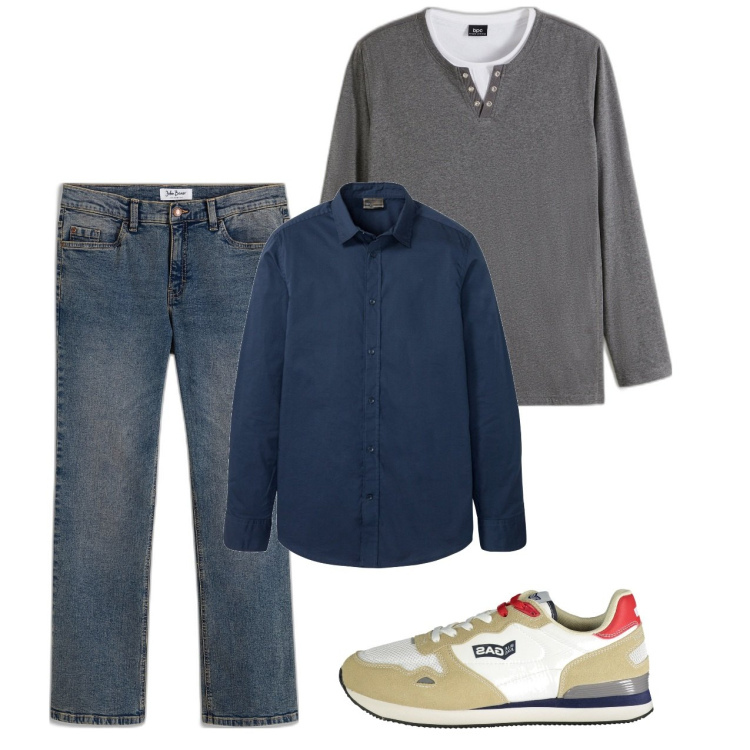 Outfit uomo - Jeans sempre. Stile Casual per Tutti i giorni. Abbinamento con jeans bootcut, camicie, maglieria, sneakers.