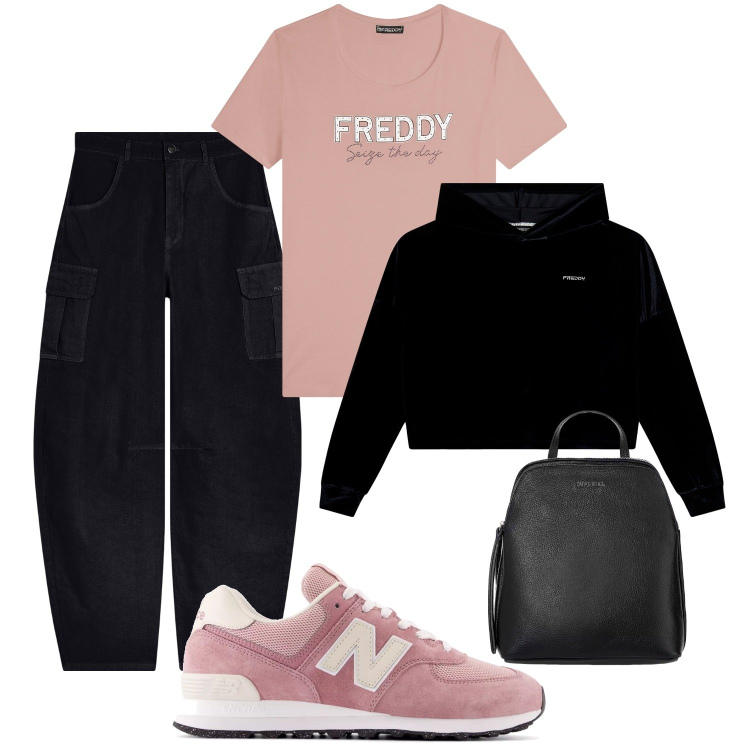 Outfit donna - Total look #1968407. Stile Casual per Tutti i giorni. Abbinamento con zaini, sneakers, pantaloni cargo, felpe con cappuccio, t-shirt.