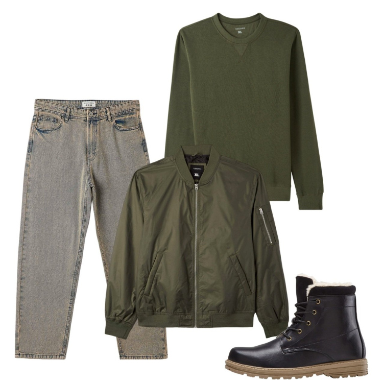 Outfit uomo - Autunno inoltrato. Stile Casual per Tutti i giorni. Abbinamento con stivali e stivaletti, felpe, bomber, jeans.