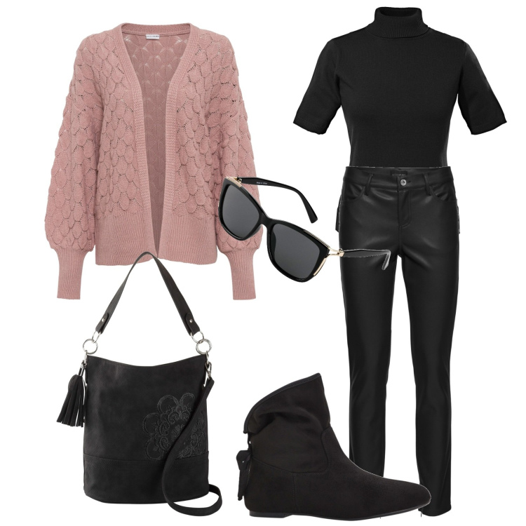 Outfit donna - Comodo sabato. Stile Minimal per Tutti i giorni. Abbinamento con cardigans, maglieria, stivaletti, borse a mano, occhiali da sole, pantaloni.