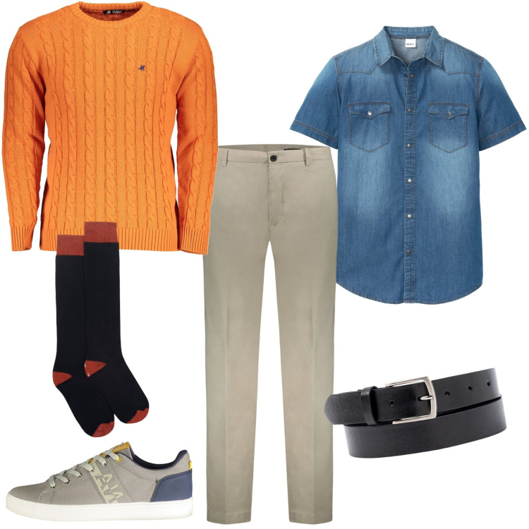Outfit uomo - Il maglioncino a trecce arancione. Stile Casual per Tutti i giorni. Abbinamento con camicie a manica corta, pantaloni, maglieria, cinture, sneakers, calzini.