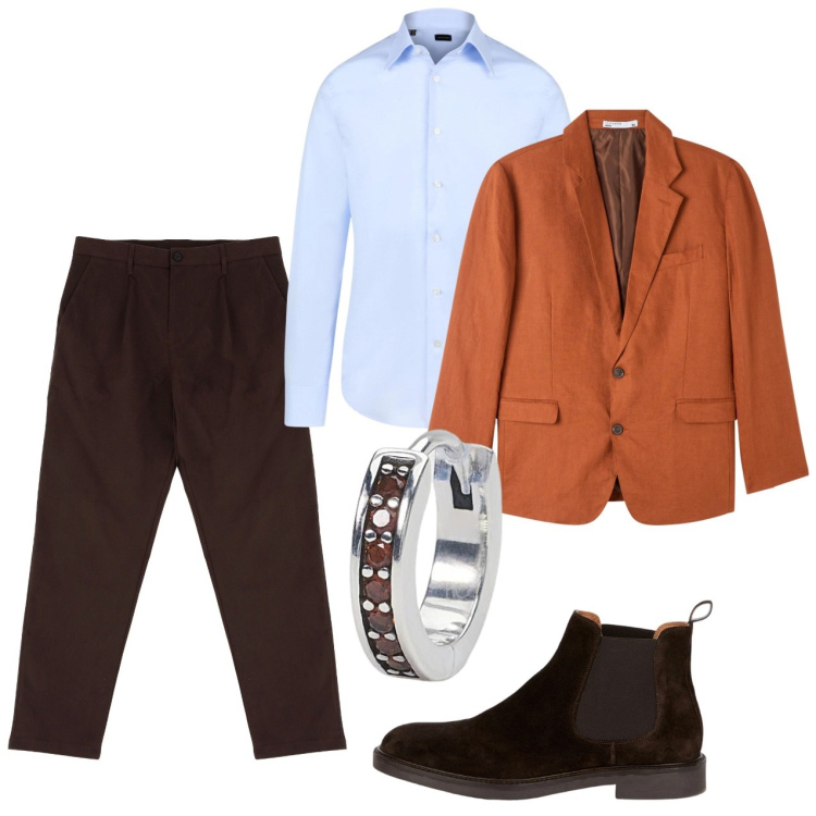 Outfit uomo - La giacca curcuma. Stile Trendy per Tutti i giorni. Abbinamento con giacche, orecchini, pantaloni chino, stivali e stivaletti, camicie.