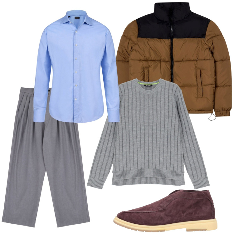 Outfit uomo - Very cold. Stile Trendy per Ufficio. Abbinamento con stivali e stivaletti, giacche, pantaloni, maglieria, camicie.