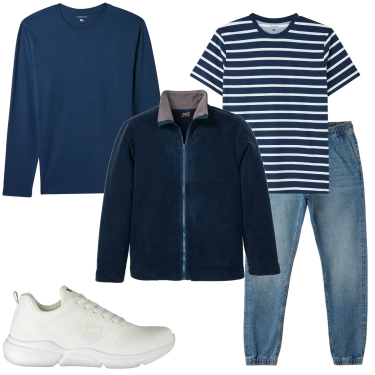 Outfit uomo - Toni del blu. Stile Urban per Tutti i giorni. Abbinamento con giacche, t-shirt, jeans, maglieria, sneakers.