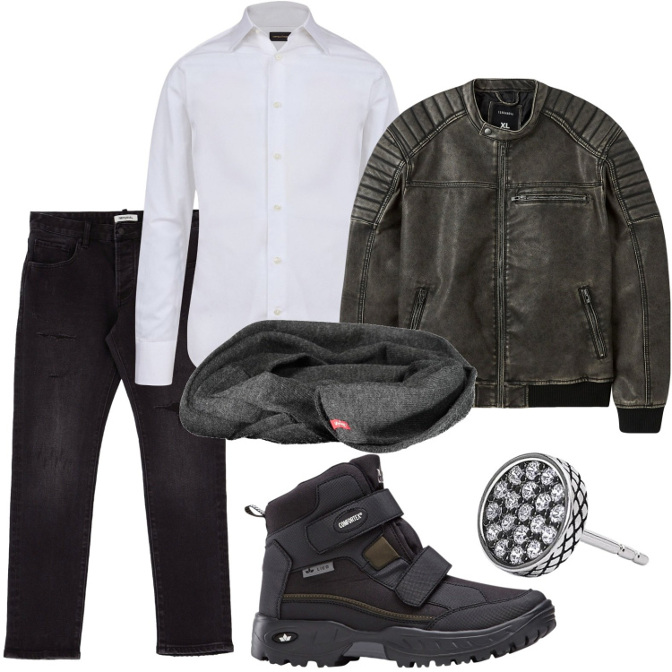 Outfit uomo - Magic night. Stile Biker Rock per Serata speciale. Abbinamento con stivali e stivaletti, giacche, orecchini, jeans slim fit, camicie, sciarpe.