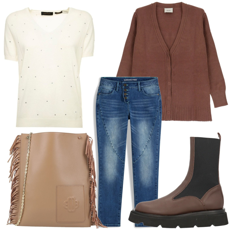 Outfit donna - La borsa con le frange. Stile Minimal per Scuola/Università. Abbinamento con jeans boyfriend, stivaletti chelsea, borse a tracolla, cardigans, t-shirt.