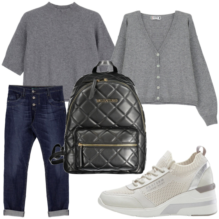Outfit donna - Fashion. Stile Casual per Scuola/Università. Abbinamento con sneakers, jeans, cardigans, maglieria, zaini.