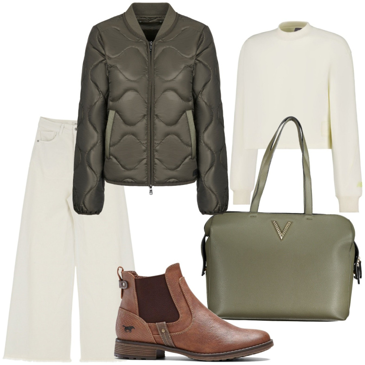 Outfit donna - La giacca verde oliva. Stile Basic per Scuola/Università. Abbinamento con stivaletti chelsea, felpe, jeans, blazer, borse a spalla.