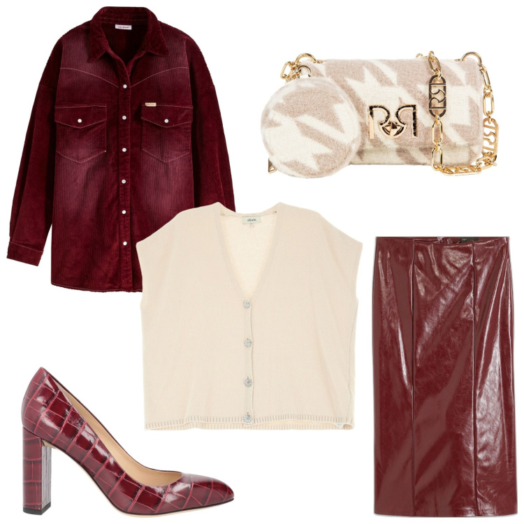 Outfit donna - Stile rouge. Stile Glamour per Ufficio. Abbinamento con gonne, camicie, décolleté, borse a tracolla, gilet.