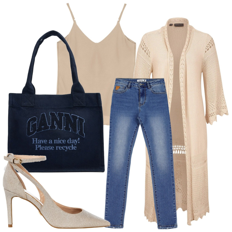 Outfit donna - Il cardigan lungo. Stile Minimal per Ufficio. Abbinamento con cardigans, décolleté, jeans skinny, canottiere, shopping bag.
