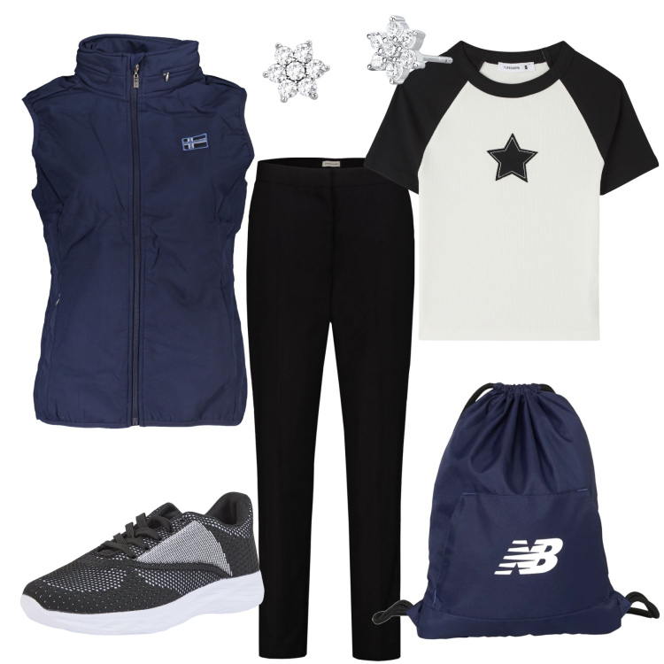 Outfit donna - Passeggiata sul lungomare. Stile Basic per Mare. Abbinamento con sneakers, t-shirt, orecchini, zaini, pantaloni, blazer.