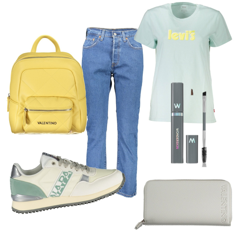 Outfit donna - Casual. Stile Casual per Tutti i giorni. Abbinamento con mascara, zaini, scarpe sportive, jeans, t-shirt, portafogli.