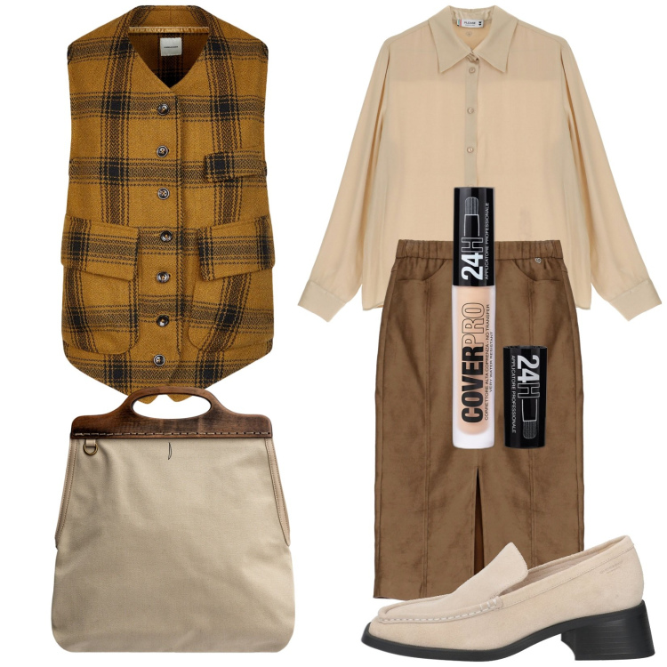 Outfit donna - Total look #1968555. Stile 70s per Tutti i giorni. Abbinamento con mocassini, correttori, gonne longuette, camicie, borse a tracolla, gilet.