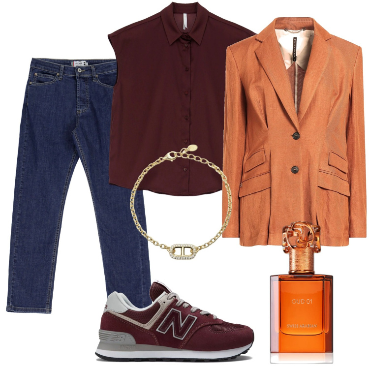 Outfit donna - La stagione dei jeans. Stile Casual chic per Tutti i giorni. Abbinamento con blazer, profumi, jeans dritti, braccialetti, sneakers, camicie a manica corta.