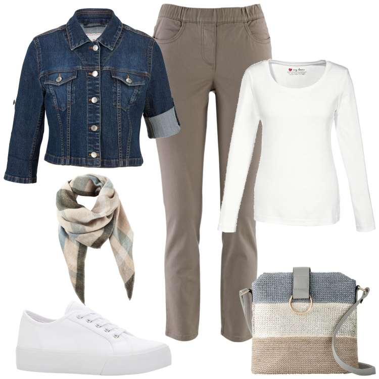 Outfit donna - Bonprix Autunno. Stile Casual per Tutti i giorni. Abbinamento con pantaloni, maglieria, sciarpe, sneakers, blazer, borse a tracolla.