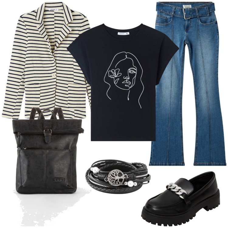 Outfit donna - All you need is black. Stile Casual per Tutti i giorni. Abbinamento con zaini, braccialetti, t-shirt, blazer, jeans a zampa, mocassini.