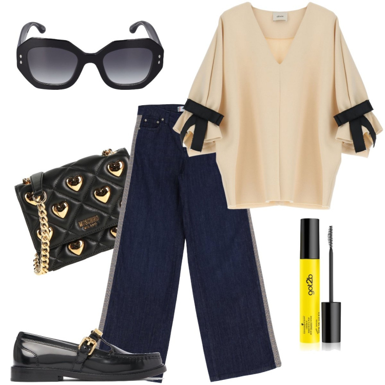 Outfit donna - Trendy il sabato pomeriggio. Stile Trendy per Tutti i giorni. Abbinamento con borse a tracolla, mascara, jeans, felpe, mocassini, occhiali da sole.