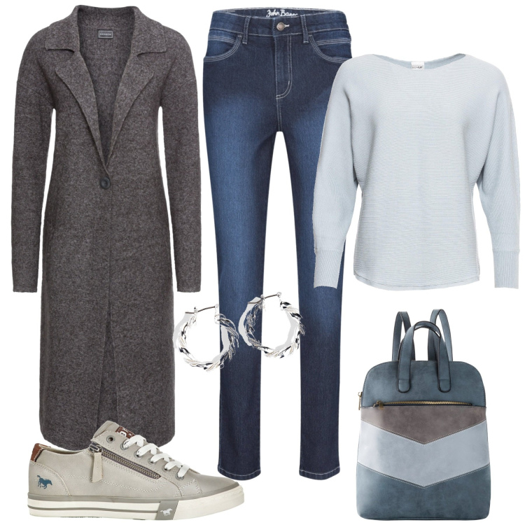 Outfit donna - Bonprix autunno. Stile Casual per Scuola/Università. Abbinamento con maglieria, jeans skinny, orecchini, cappotti, zaini, sneakers.