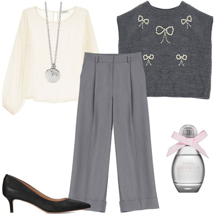 Outfit donna - Grigio chic. Stile Casual chic per Serata fuori. Abbinamento con décolleté, profumi, ciondoli, pantaloni, maglieria, camicie.