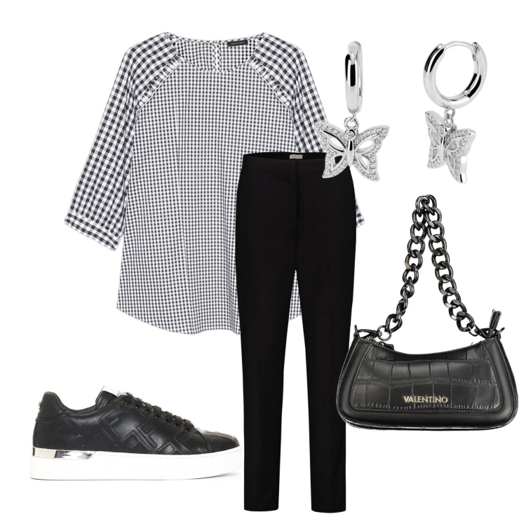 Outfit donna - Total look #1968618. Stile Casual per Ufficio. Abbinamento con orecchini, sneakers, pantaloni, bluse, borse a spalla.