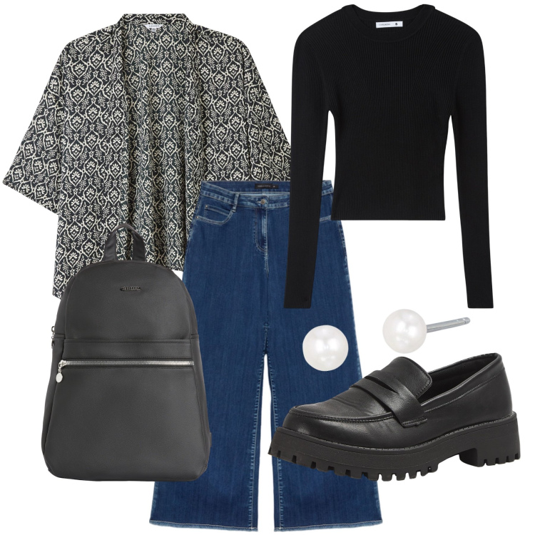Outfit donna - Total look #1968638. Stile Casual per Ufficio. Abbinamento con mocassini, blazer, maglieria, orecchini, zaini, jeans.