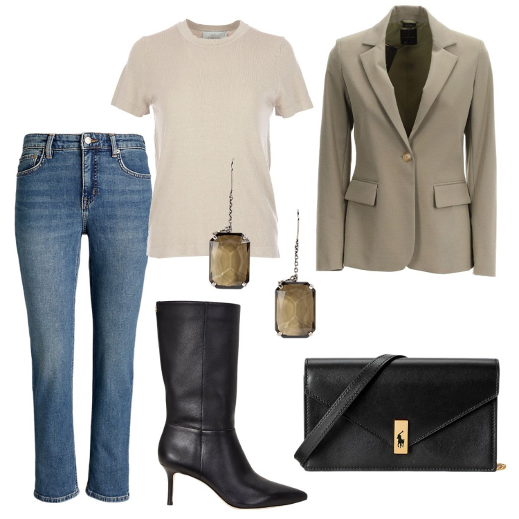 Outfit donna - Fine settembre. Stile Minimal per Tutti i giorni. Abbinamento con stivali, jeans dritti, clutch, orecchini, blazer, t-shirt.