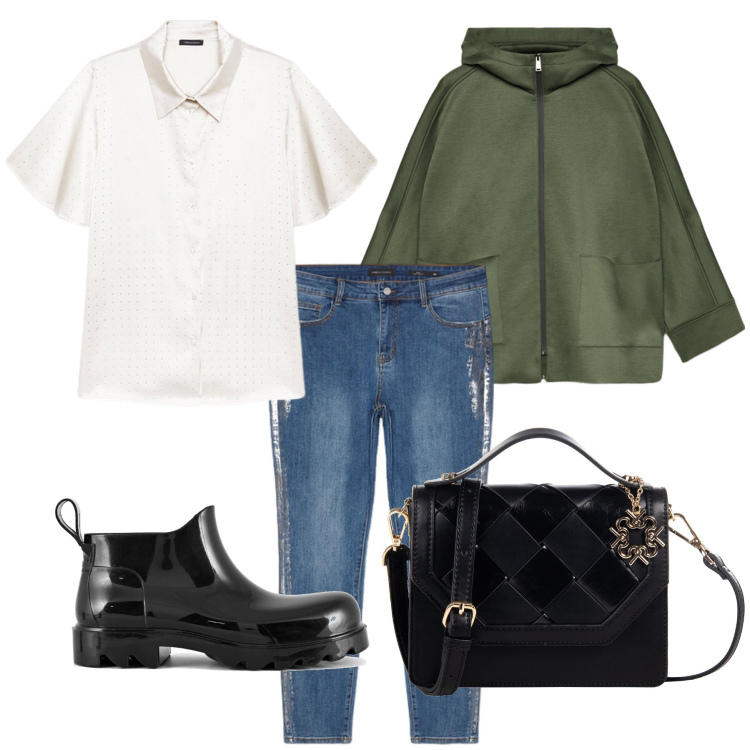 Outfit donna - Total look #1968654. Stile Casual chic per Ufficio. Abbinamento con borse a tracolla, stivali, felpe con cappuccio, jeans skinny, camicie a manica corta.
