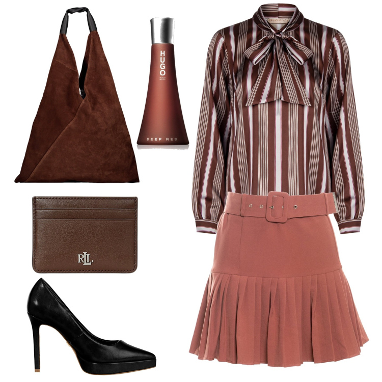 Outfit donna - Colori caldi autunnali. Stile Bon Ton per Serata fuori. Abbinamento con profumi, décolleté, bluse, minigonne, portafogli, borse a spalla.